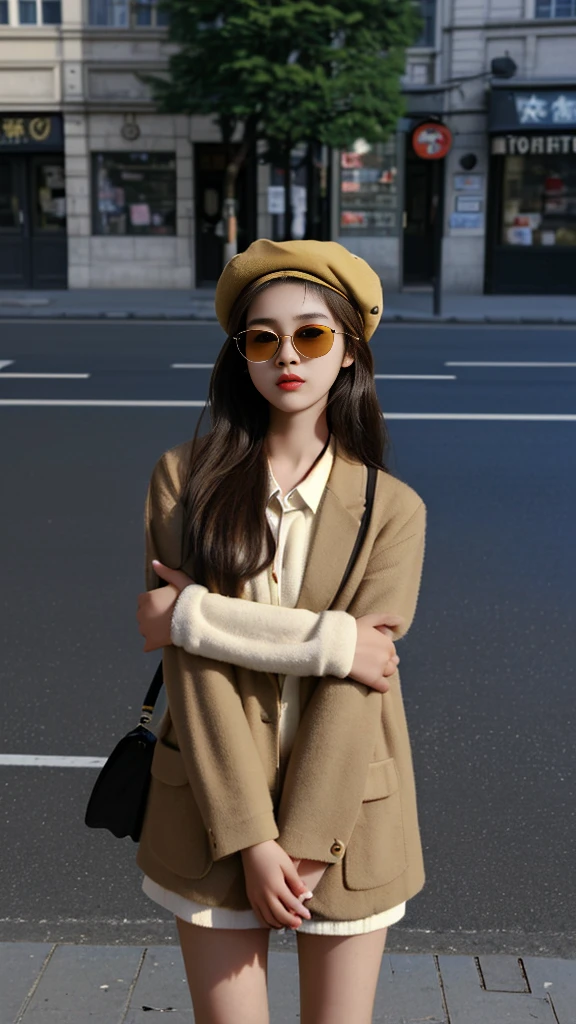 One girl,Cute Asian,Brown Hair,masterpiece,Textured skin,high quality,Surrealism,Put on a beret,In the afternoon,On a street corner,Wear brown sunglasses