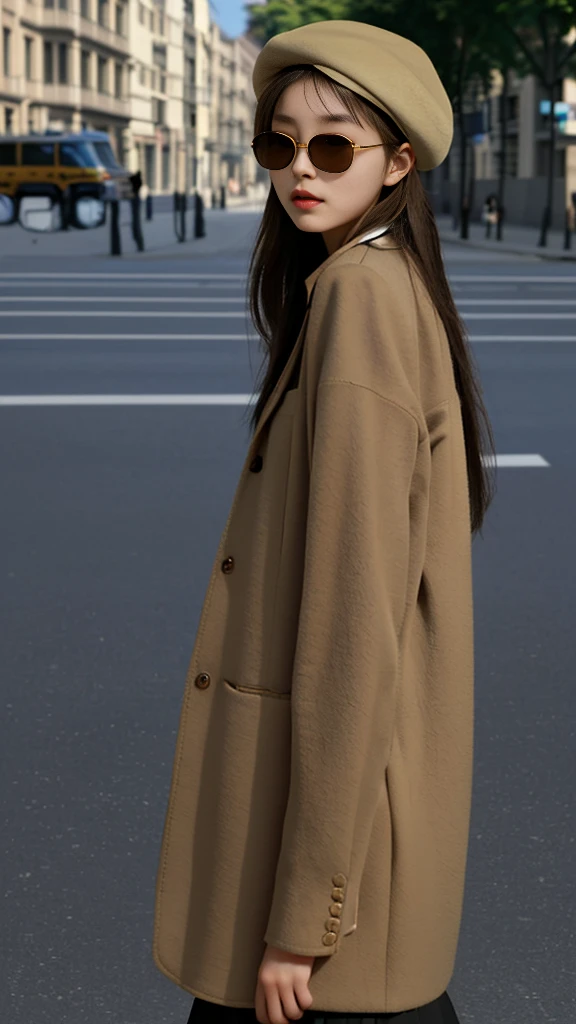 One girl,Cute Asian,Brown Hair,masterpiece,Textured skin,high quality,Surrealism,Put on a beret,In the afternoon,On a street corner,Wear brown sunglasses