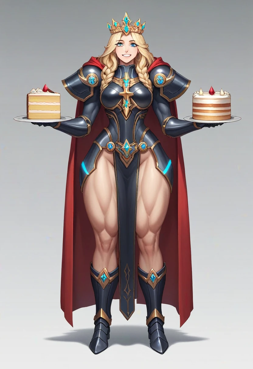 OC:1woman, (Mature), _Blue eyes_, _Blonde hair, _Short with a braid, _Messy hair, Attractive/beautiful/eye-catching/unique, _Mecha exoskeleton armor:_Black color with Cyan details, Golden decoration, Black boots with black fuse armor, _Black armored breastplate, _UNIQUE appearance, originality, Perfect details, Line Professional draftsman, Art, Unique, Thick thighs, Defined abdomen, Muscular, Perfect, (Crown_pointed_black_diamonds), Beautiful, Lady, Metallic black dress, blue cross decoration on her chest, Futuristic Holy Divine, Standing, Waiting Pose, In his hands a huge cake, Gray Background, looking at camera, Red cape, White fur, Futuristic, Paladin of the future.
Big smile, white teeth, long eyelashes, Red cape, White fur, Black armor with blue and gold details, Exposed thighs, Attractive, Powerful, Futuristic maiden, Perfect legs, ABSOLUTE FOCUS ON HER, ambient blur, perfect torso, zoom