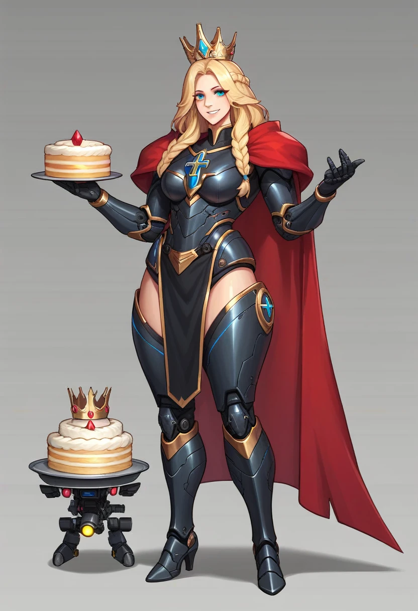 OC:1woman, (Mature), _Blue eyes_, _Blonde hair, _Short with a braid, _Messy hair, Attractive/beautiful/eye-catching/unique, _Mecha exoskeleton armor:_Black color with Cyan details, Golden decoration, Black boots with black fuse armor, _Black armored breastplate, _UNIQUE appearance, originality, Perfect details, Line Professional draftsman, Art, Unique, Thick thighs, Defined abdomen, Muscular, Perfect, (Crown_pointed_black_diamonds), Beautiful, Lady, Metallic black dress, blue cross decoration on her chest, Futuristic Holy Divine, Standing, Waiting Pose, In his hands a huge cake, Gray Background, looking at camera, Red cape, White fur, Futuristic, Paladin of the future.
Big smile, white teeth, long eyelashes, Red cape, White fur, Black armor with blue and gold details, Exposed thighs, Attractive, Powerful, Futuristic maiden, Perfect legs, ABSOLUTE FOCUS ON HER, ambient blur, perfect torso, zoom