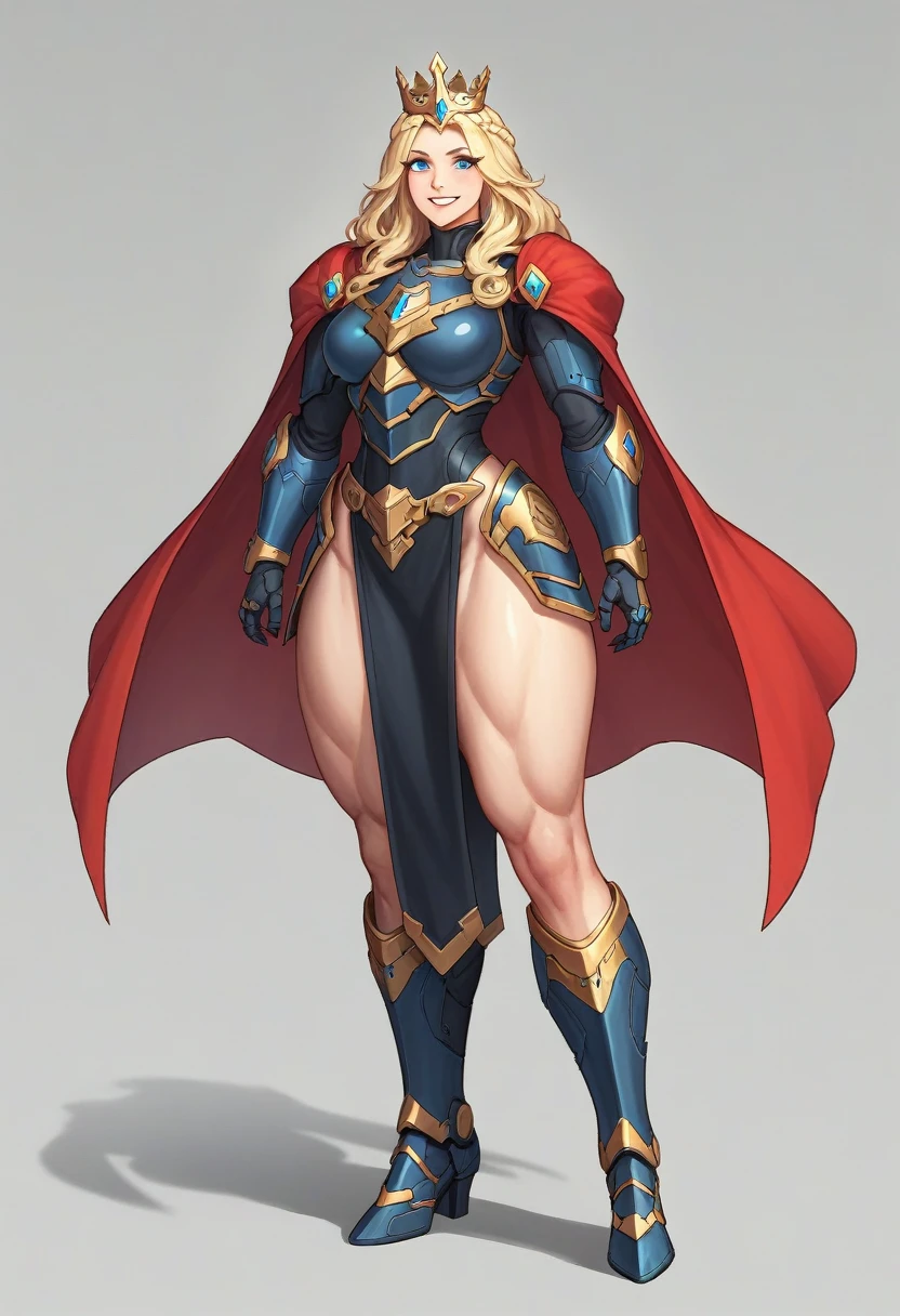 OC:1woman, (Mature), _Blue eyes_, _Blonde hair, _Short with a braid, _Messy hair, Attractive/beautiful/eye-catching/unique, _Mecha exoskeleton armor:_Black color with Cyan details, Golden decoration, Black boots with black fuse armor, _Black armored breastplate, _UNIQUE appearance, originality, Perfect details, Line Professional draftsman, Art, Unique, Thick thighs, Defined abdomen, Muscular, Perfect, (Crown_pointed_black_diamonds), Beautiful, Lady, Metallic black dress, blue cross decoration on her chest, Futuristic Holy Divine, Standing, Waiting Pose, In his hands a huge cake, Gray Background, looking at camera, Red cape, White fur, Futuristic, Paladin of the future.
Big smile, white teeth, long eyelashes, Red cape, White fur, Black armor with blue and gold details, Exposed thighs, Attractive, Powerful, Futuristic maiden, Perfect legs, ABSOLUTE FOCUS ON HER, ambient blur, perfect torso, zoom