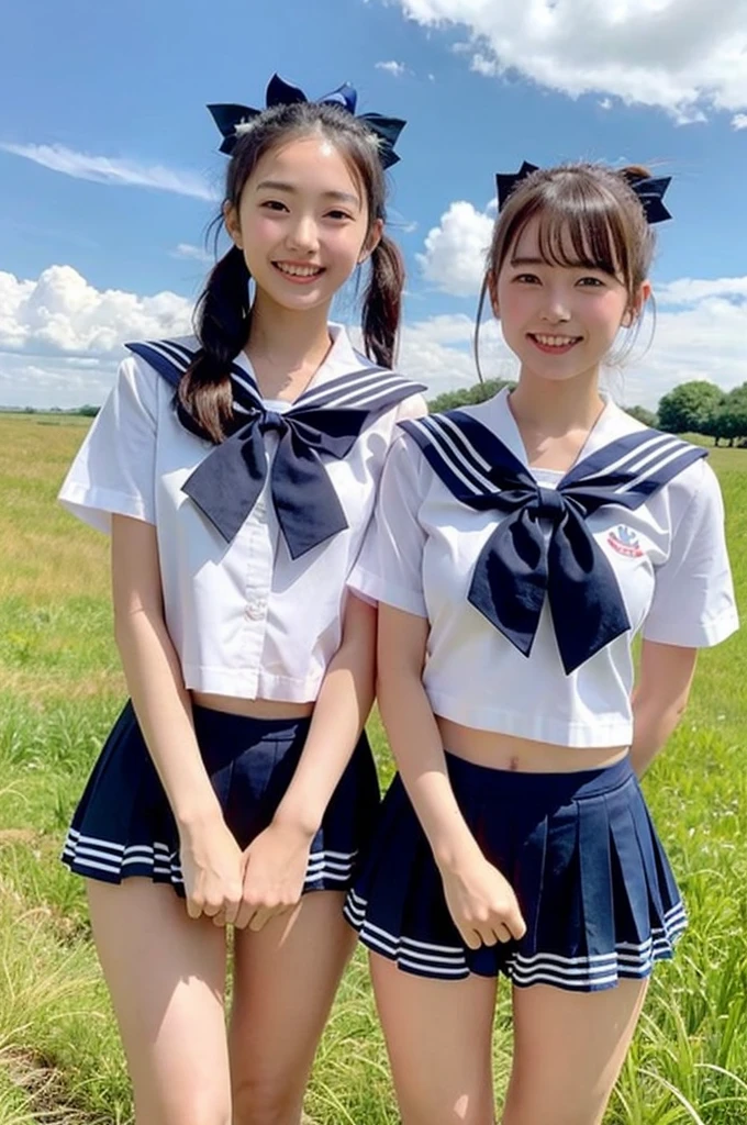 2 girls standing in rural field,cumulonimbus cloud in summer blue sky,white sailor shirt with red bow tie,white panties with navy blue frills,18-year-old,bangs,a little smile,thighs,knees,short hair with low pigtails bunches,from before,front light