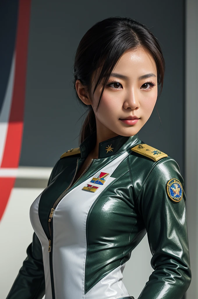 best quality, 8k, very delicate and beautiful, highly detailed face and skin texture, shiny skin, high resolution, sexy asian girl in military fighter pilot suit, full body, sharp focus
