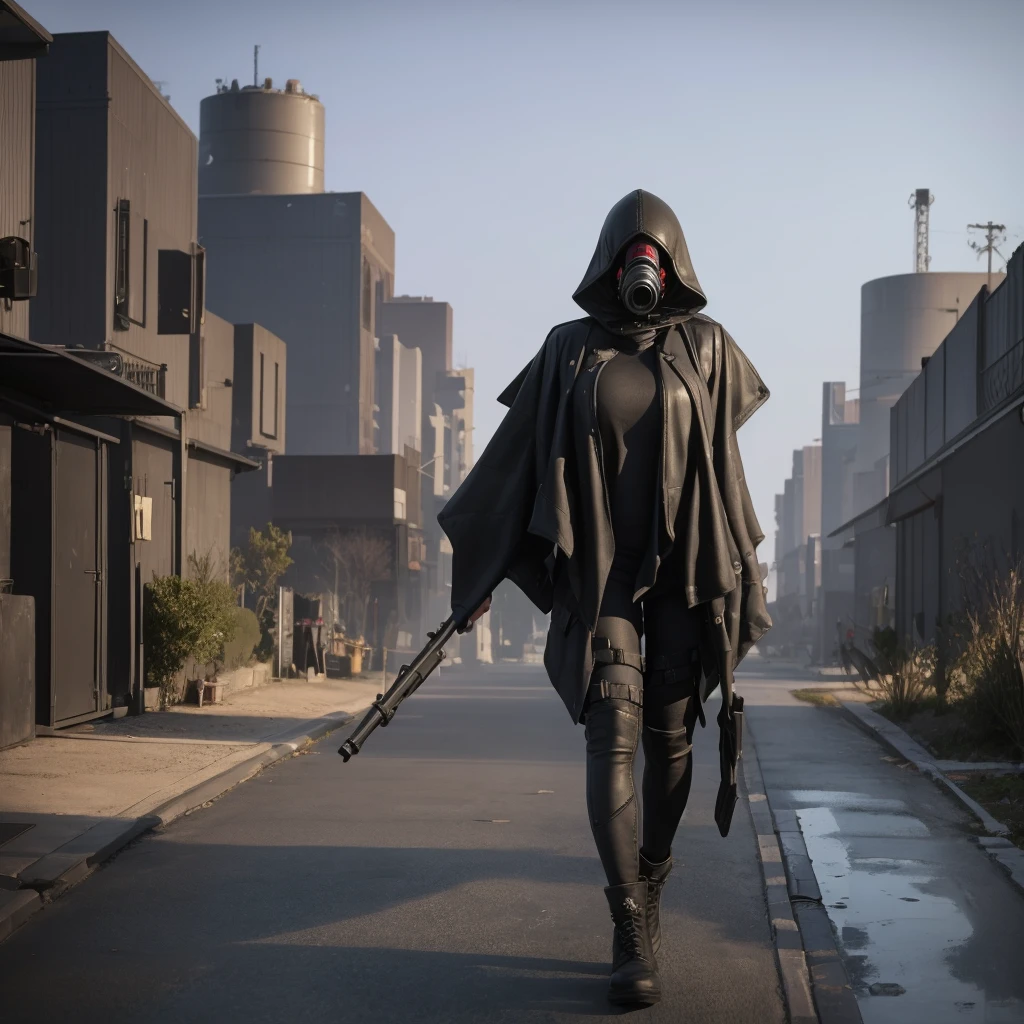 She is walking in middle of a street dressed in black and wearing a gas mask, abandon city with only one Power Nuclear Plant in the distance but there is not other people , there is a olive green toxic gas in the air, ultra high quality, 4K, low angle, (masterpiece, top quality, best quality, official art, beautiful and aesthetic:1.2),