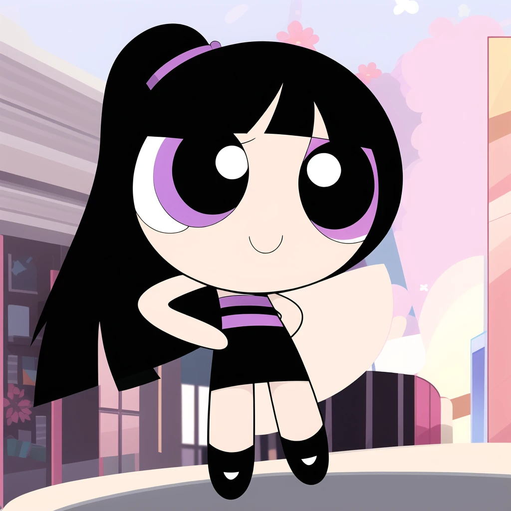 cute smile, full body, 1girl , chibi, black hair ponytail, black eyes, purple black Goth outfit, multicolored hair,