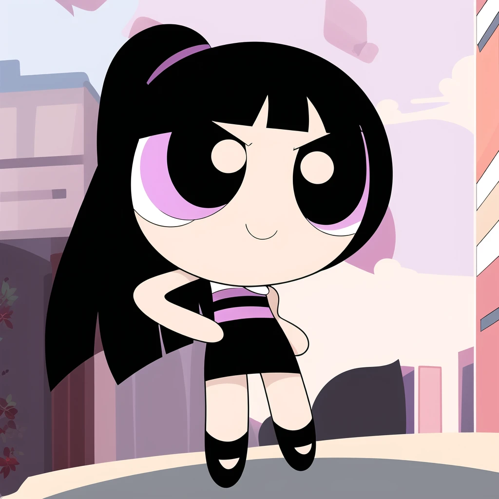 cute smile, full body, 1girl , chibi, black hair ponytail, black eyes, purple black Goth outfit, multicolored hair,