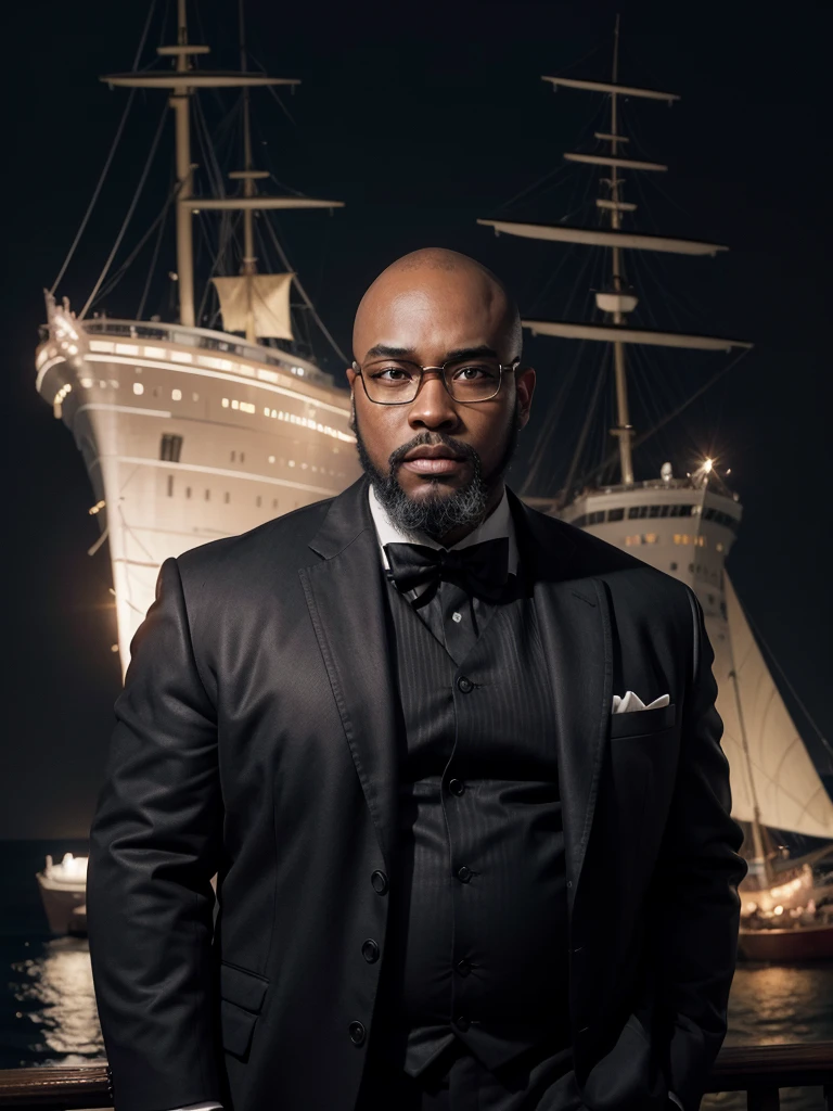 hyper realistic image a black man, dark, fat, bald, wears a black beard, big head, wears black-rimmed square prescription glasses (like Jack Dawson from the movie Titanic), standing, with the ship Titanic passing behind him, seen from the front , full body, in the year 1912, photograph with an antique look