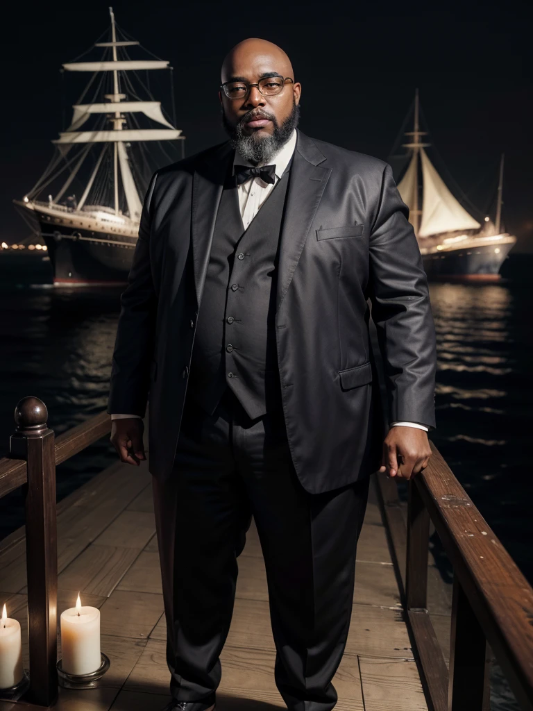 hyper realistic image a black man, dark, fat, bald, wears a black beard, big head, wears black-rimmed square prescription glasses (like Jack Dawson from the movie Titanic), standing, with the ship Titanic passing behind him, seen from the front , full body, in the year 1912, photograph with an antique look