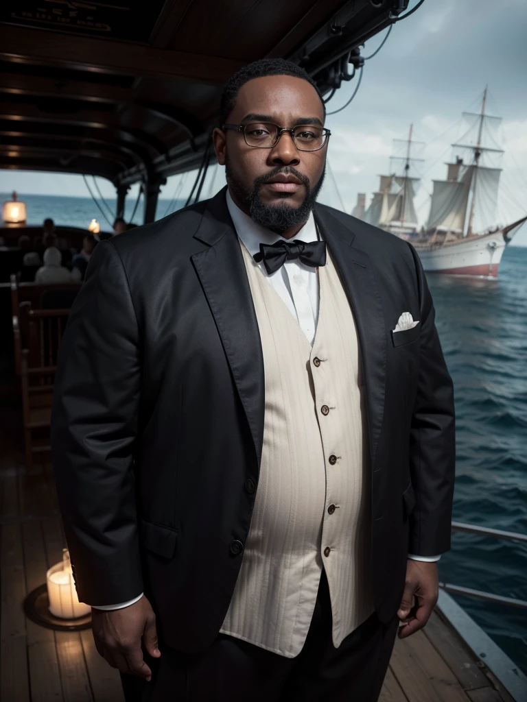 hyper realistic image a black man, dark, fat, bald, wears a black beard, big head, wears black-rimmed square prescription glasses (like Jack Dawson from the movie Titanic), standing, with the ship Titanic passing behind him, seen from the front , full body, in the year 1912, photograph with an antique look