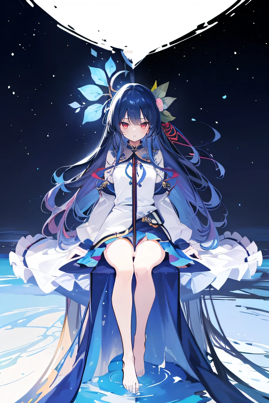 (masterpiece:1.2),Super detailed,lifelike,Expressive eyes,fair skin,perfect face shape,1 girl,
Japanese comics,Gorgeous blue hair,flowing blue hair,flowing clothes,Petals fall,beautiful lola,Baby Angel,
Shaking head with one hand,Cross your legs,Gentle and peaceful background,The pavilion is cool and comfortable,smile, wearing hoodie, background of tokyo,back views,snowing, winter,lie on the water. dark blue gradient hair,asymmetrical hair,((Hair is very thick 1.8,Chiseled hair 1.6)), Hair over the shoulders, Messy hair, Very long hair, shiny hair,(long dark blue hair:1.2),A beautiful girl,(Transparent clothes transparent 1.8),Perfect body,Big thin legs,slender,(Looks very sad,Looks haggard ,sadness,shut your mouth:1.2) Against the backdrop of an unusually bright dark starry sky,(Put your hands behind your back),(round,Room, Strong breasts),barefoot,float,water surface,(long legs,long legs,long legs,Complete)