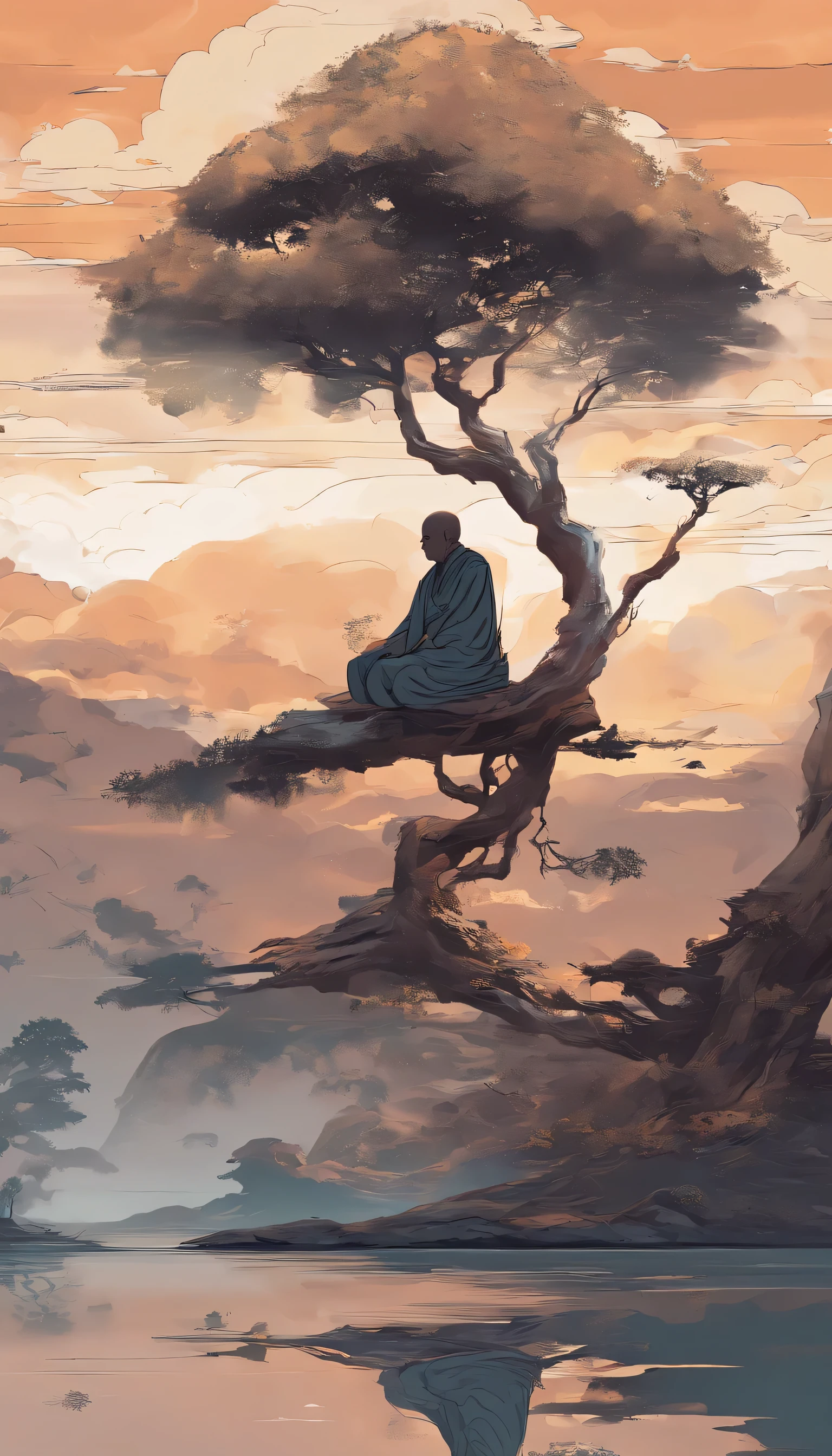An old monk sits on a large rock.,extremely old monk,(Pray in lotus position),Buddhist monk meditation, On the path to enlightenment, Man has a deep connection with God., zen meditation,brown robe,(back view),from behind,rear angle,good light,Buddhism,Beautiful image,epic cinematic take,Ultra photo realism,8k,