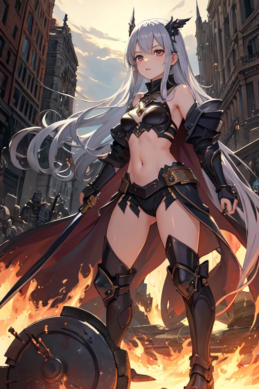One beautiful girl、17 years old、Exposed metal armor、Belly button、Tattered Cape、Longsword in one hand、Thighs、Glowing Skin、Full Body Lesbian、stand、Ruins in the background、Burning Flames、Fight monsters、Anime cute face、For viewers、Long silver hair、Metal Boots、片方のThighsに黒いリボンが巻かれている
