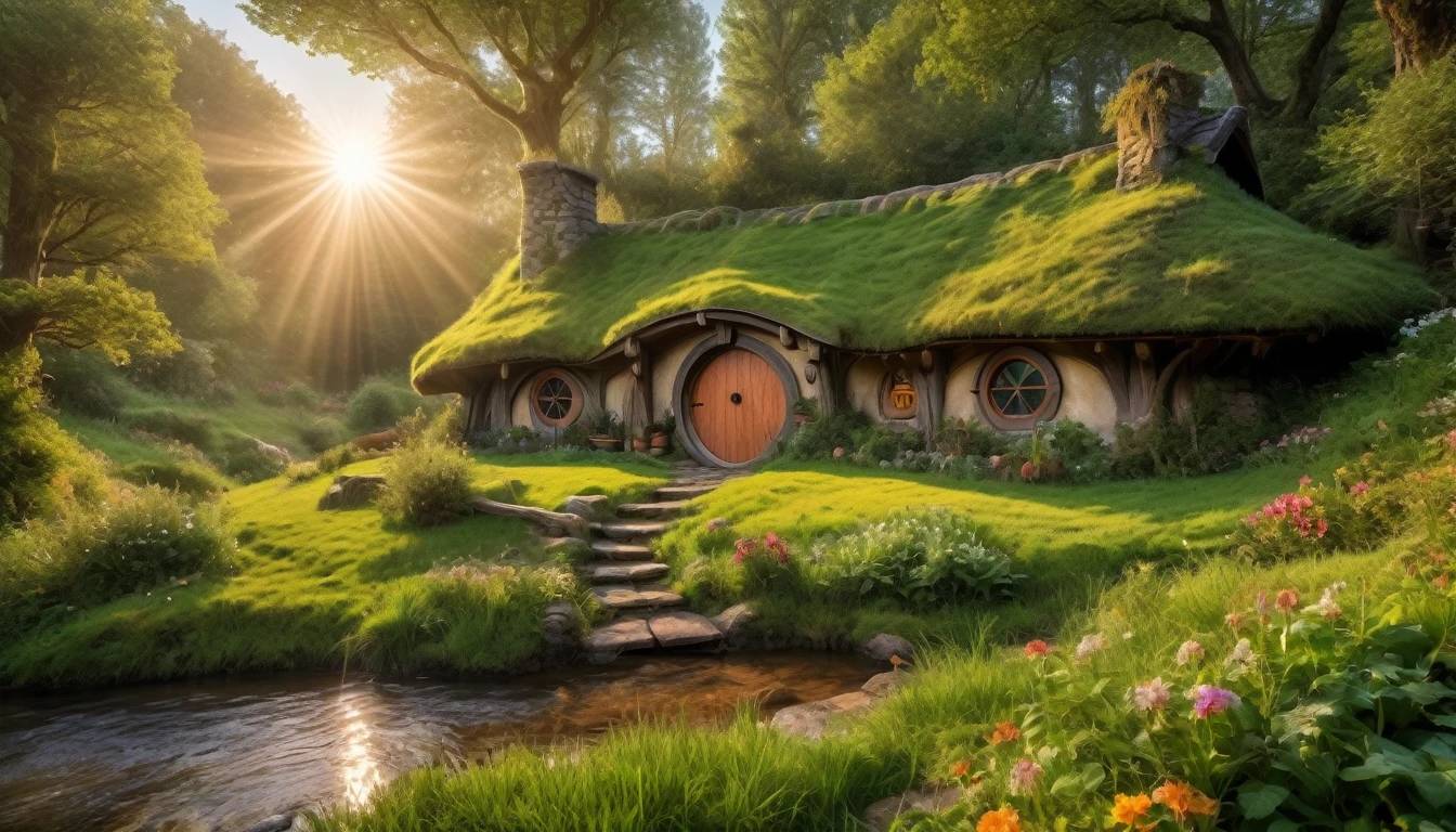 Raw photo, 8k uhd, dslr, photo-realistic, hyperrealism, 8k resolution, hdr, highly detailed, ultra detailed. The house of the hobbit in the forest near the stream. A little morning fog, dawn, rays of light through the leaves of trees, flowers on the grass.