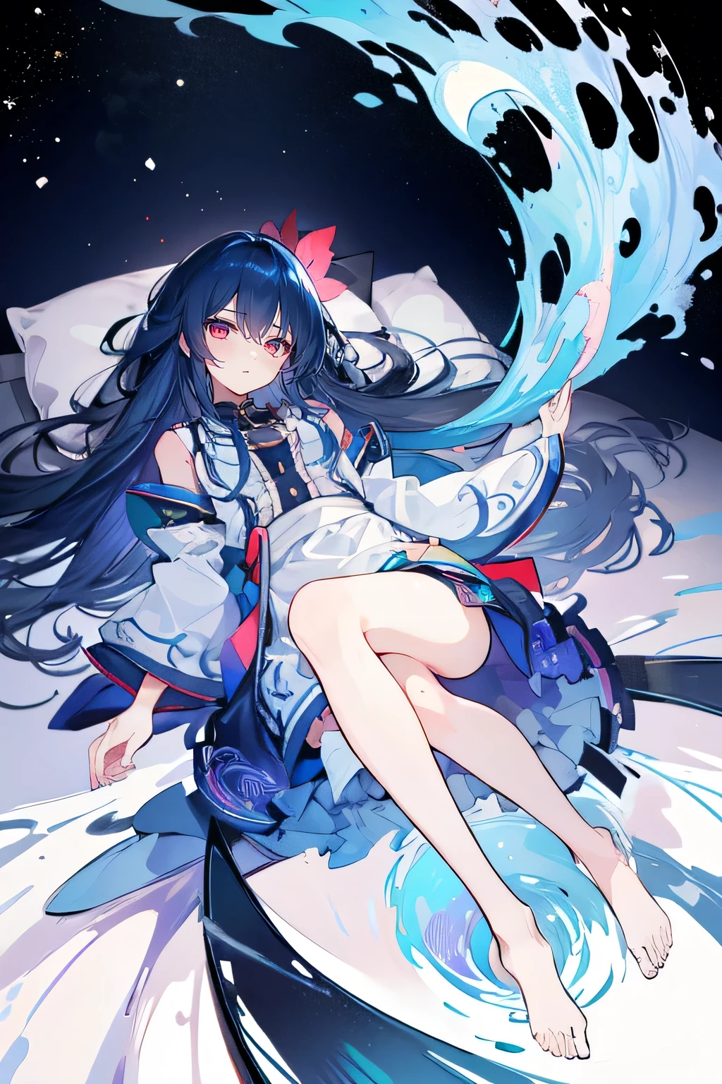 (masterpiece:1.2),Super detailed,lifelike,Expressive eyes,fair skin,perfect face shape,1 girl,
Japanese comics,Gorgeous blue hair,flowing blue hair,flowing clothes,Petals fall,beautiful lola,Baby Angel,
Shaking head with one hand,Cross your legs,Gentle and peaceful background,The pavilion is cool and comfortable,smile, wearing hoodie, background of tokyo,back views,snowing, winter,lie on the water. dark blue gradient hair,asymmetrical hair,((Hair is very thick 1.8,Chiseled hair 1.6)), Hair over the shoulders, Messy hair, Very long hair, shiny hair,(long dark blue hair:1.2),A beautiful girl,(Transparent clothes transparent 1.8),Perfect body,Big thin legs,slender,(Looks very sad,Looks haggard ,sadness,shut your mouth:1.2) Against the backdrop of an unusually bright dark starry sky,(Put your hands behind your back),(round,Room, Strong breasts),barefoot,float,water surface,(long legs,long legs,long legs,Complete)