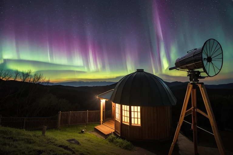 Aurora shining night sky、A lonely observatory、
