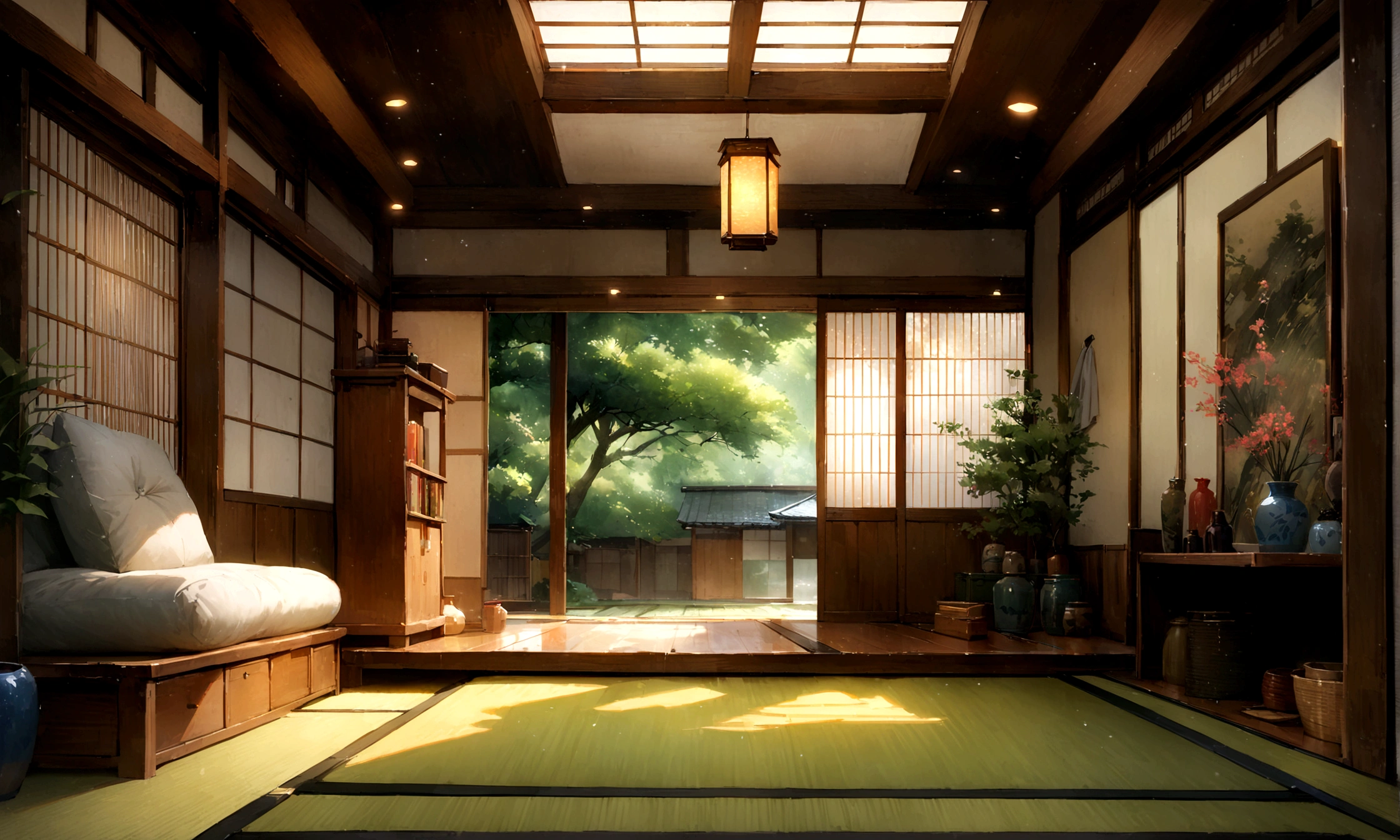 Showa era Japanese house, Nostalgic Japanese Scenery,Japanese tatami mats,Japanese Chabudai,Japanese living room,Blur the background,Glitter effect,Highest quality, 8K, High resolution, masterpiece:1.2, Very detailed, Realistic:1.37, High resolution, 超High resolution, Ultra-fine painting, Very detailed, Professional, Vibrant colors