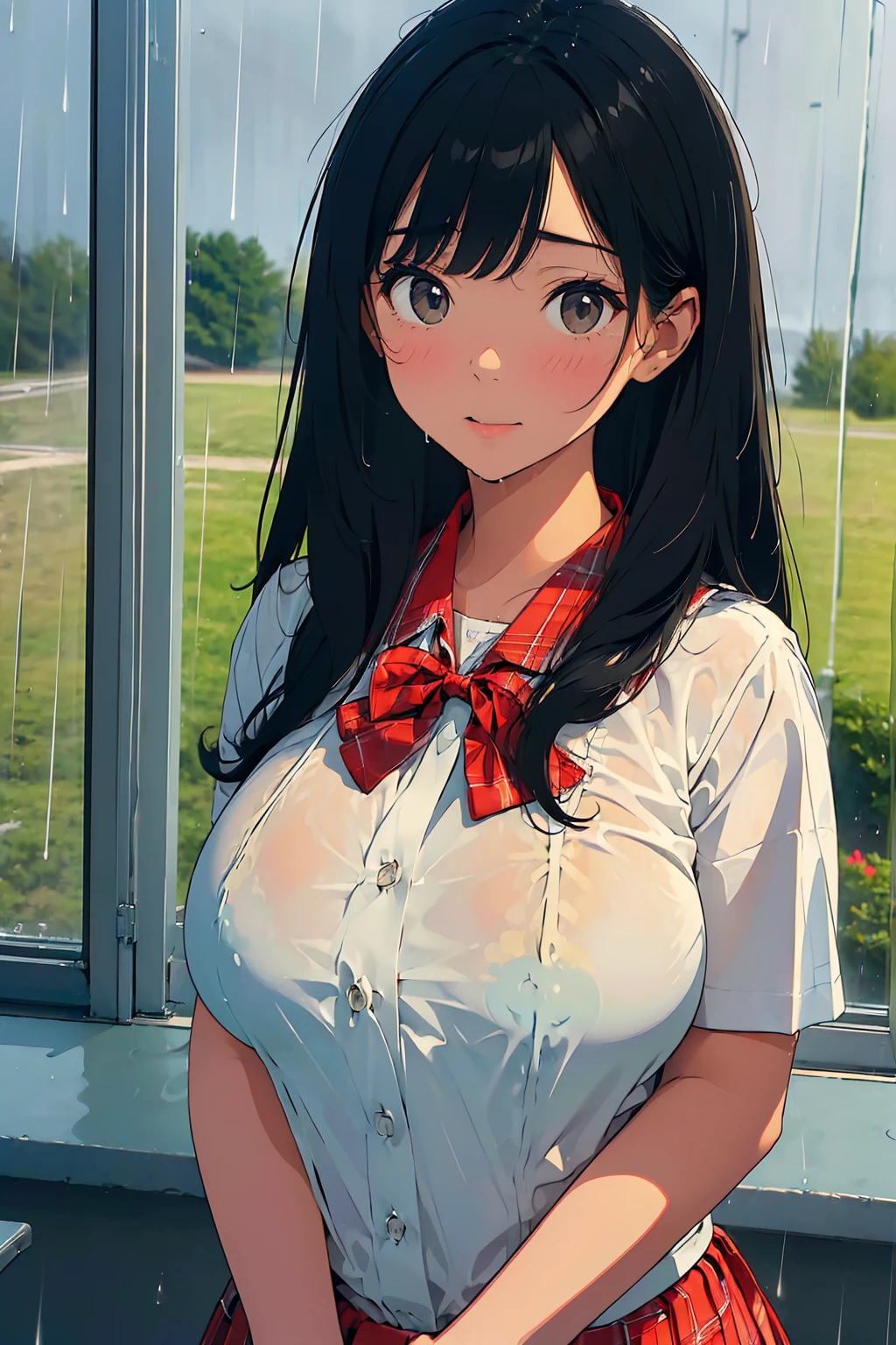 (masterpiece:1.6),(best quality:1.6), (ultra high res1.2),perfect proportion,(dark hair:1), ( black hair:1), (black eyes:1.1),(beautiful Busty breasts:1.5), (beautiful girl:1.4),18age, a girl,a beautiful girl, (medium bob hair:1.2),a sexy mole around the mouth,open mouth,(aroused:1.3), (embarrassed:1.3), blush, (Raincoat:1.1), (Sheer uniform), Black Bra, (school uniform, see-through shirt), a red Checked bow tie, (upper body shot:1.1),Morning school hours, ((rain, rain降り:1.3)), Raincoatを着て, 