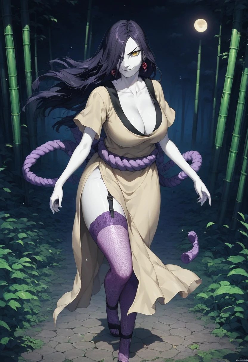 score_9, score_8_up, score_7_up, 8k, very detailed, high detailed texture, depth of field, Beautiful female orochimaru, looking at viewer, oroch1maru, 1girl, source_pony, yellow eyes, slit pupils, black hair, long hair, purple eyeliner, hair over one eye, (pale skin:1.3), tan tunic, purple rope belt, sandals, earrings, solo, outdoors, bamboo forest, dark forest, night, moon, evil smug, 1girl, shiny skin, oiled skin, big breasts, cleavage, beautiful face, cleavage, wide hips, thic thighs, datailed legs, side cutoff, straps, net stockings, purple stockings, strong wind, garter,  (dynamic lighting:1.1) ((masterpiece))