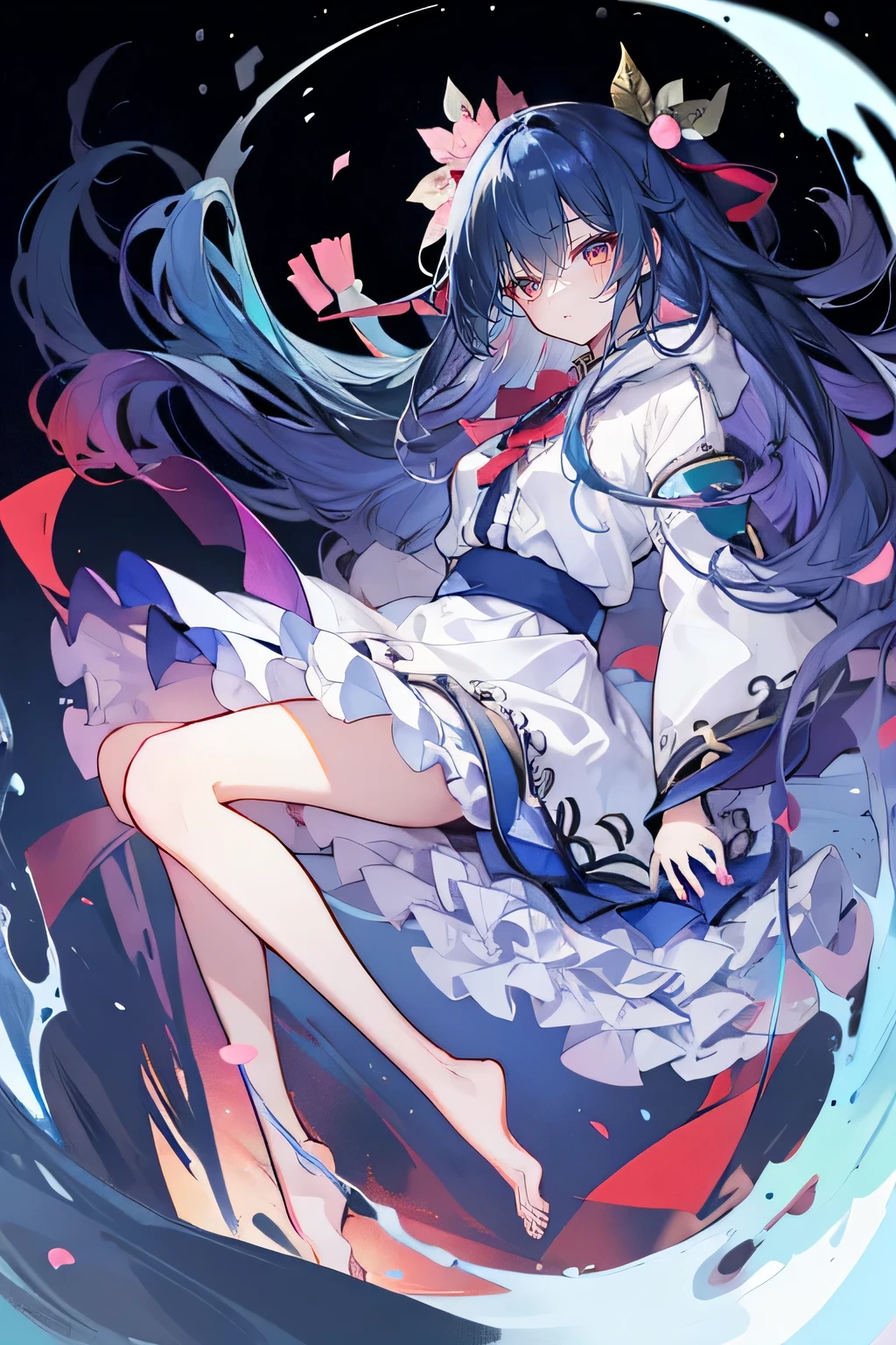 (masterpiece:1.2),Super detailed,lifelike,Expressive eyes,fair skin,perfect face shape,1 girl,
Japanese comics,Gorgeous blue hair,flowing blue hair,flowing clothes,Petals fall,beautiful lola,Baby Angel,
Shaking head with one hand,Cross your legs,Gentle and peaceful background,The pavilion is cool and comfortable,smile, wearing hoodie, background of tokyo,back views,snowing, winter,lie on the water. dark blue gradient hair,asymmetrical hair,((Hair is very thick 1.8,Chiseled hair 1.6)), Hair over the shoulders, Messy hair, Very long hair, shiny hair,(long dark blue hair:1.2),A beautiful girl,(Transparent clothes transparent 1.8),Perfect body,Big thin legs,slender,(Looks very sad,Looks haggard ,sadness,shut your mouth:1.2) Against the backdrop of an unusually bright dark starry sky,(Put your hands behind your back),(round,Room, Strong breasts),barefoot,float,water surface,(long legs,long legs,long legs,Complete)