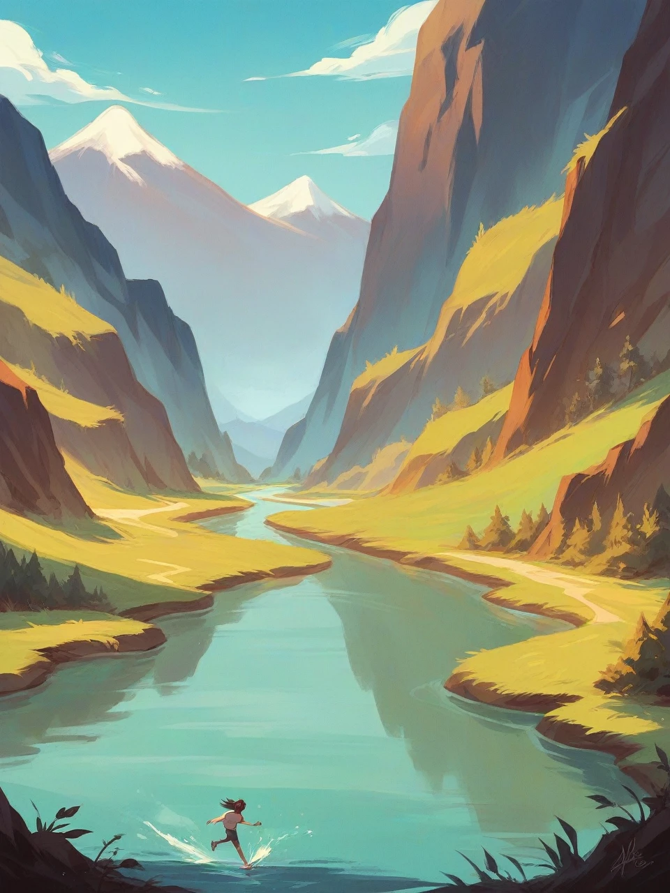 A serene mountain landscape with a river running through it .