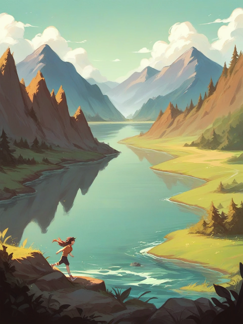 A serene mountain landscape with a river running through it .