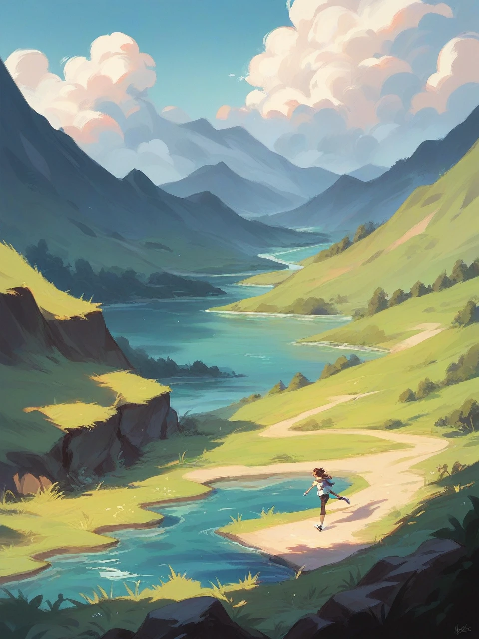 A serene mountain landscape with a river running through it .