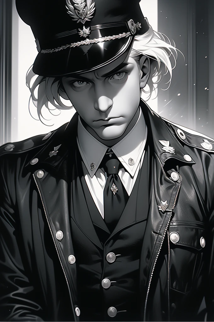 a black and white photo of a man in a leather jacket, leader of fascist hungary, inspired by Adolf Dietrich, inspired by Gyula Basch, inspired by Adolf Fényes, inspired by Adolf Ulric Wertmüller, stanisław, inspired by Franz Karl Basler-Kopp, vladimir motsar, by Otto Dix, by Gyula Basch