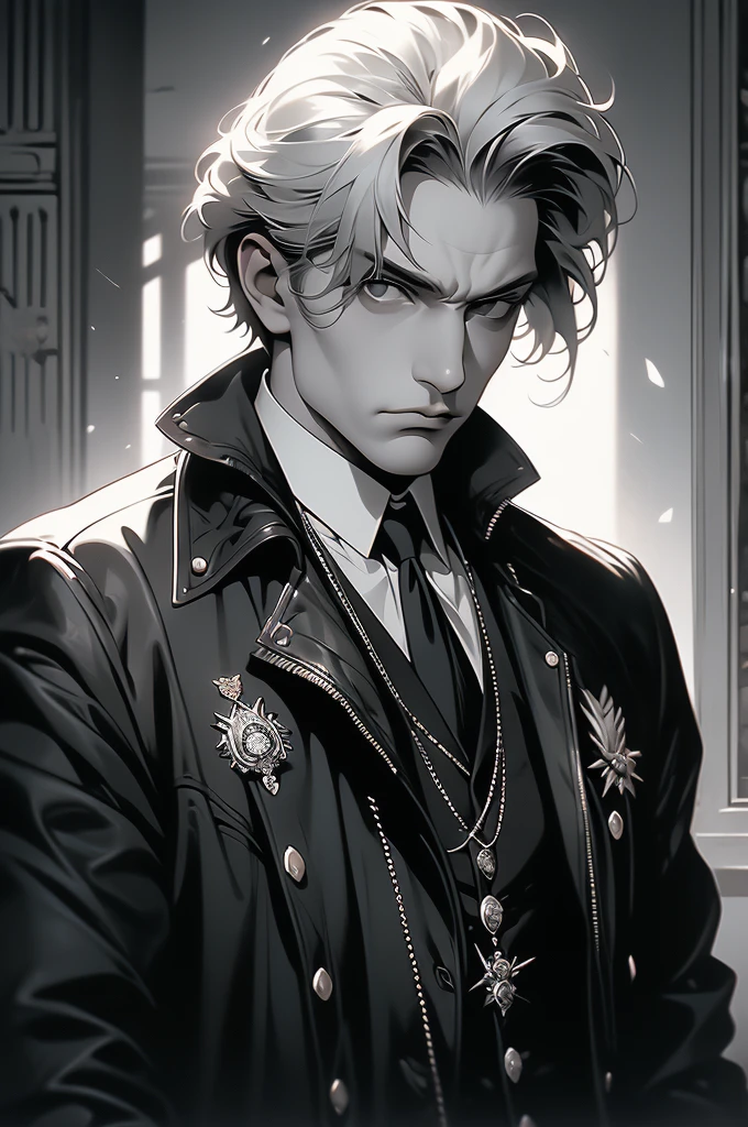 a black and white photo of a man in a leather jacket, leader of fascist hungary, inspired by Adolf Dietrich, inspired by Gyula Basch, inspired by Adolf Fényes, inspired by Adolf Ulric Wertmüller, stanisław, inspired by Franz Karl Basler-Kopp, vladimir motsar, by Otto Dix, by Gyula Basch