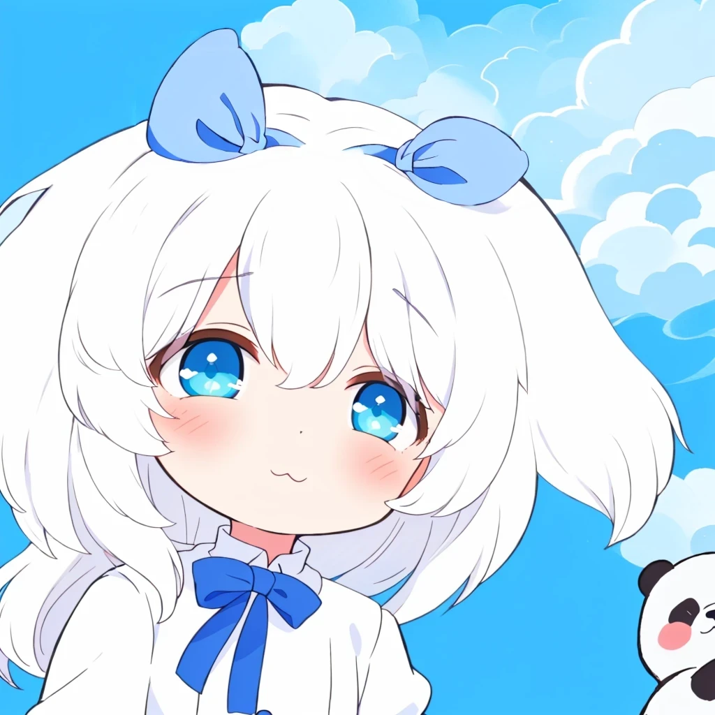 anime girl with white hair and blue bow holding a panda bear, cute anime style, loli, white cloud hair, small loli girl, , white-haired, white background : 3, white haired, cute character, cute anime, anime chibi, cute anime face, chibi, ruan cute vtuber, soft anime illustration, soft anime