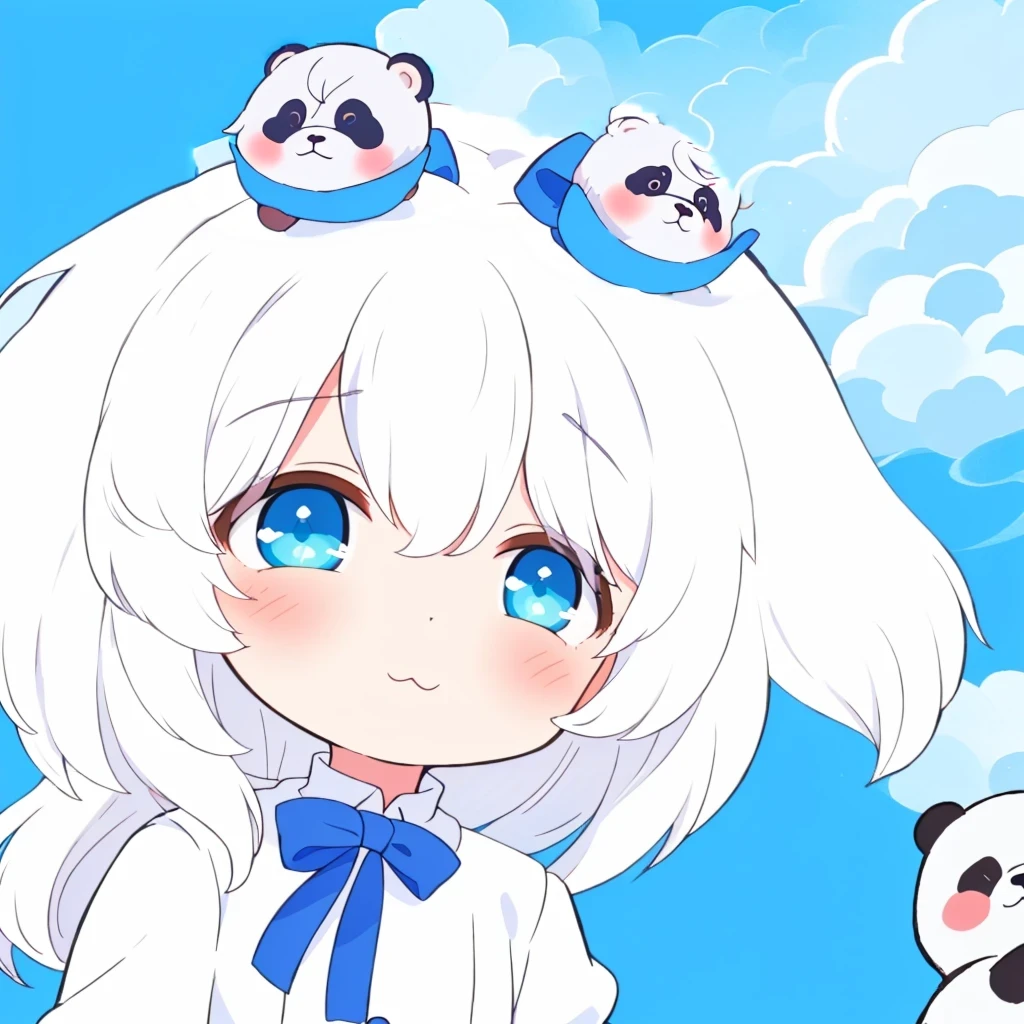 anime girl with white hair and blue bow holding a panda bear, cute anime style, loli, white cloud hair, small loli girl, , white-haired, white background : 3, white haired, cute character, cute anime, anime chibi, cute anime face, chibi, ruan cute vtuber, soft anime illustration, soft anime
