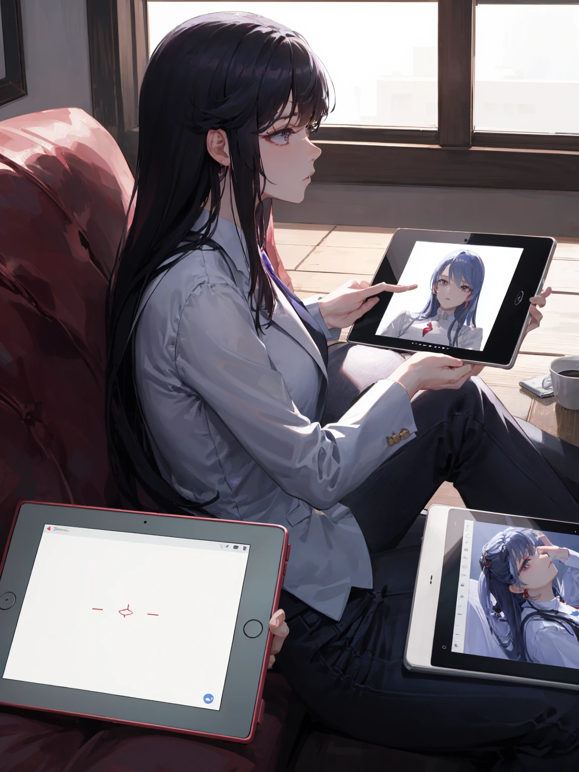 woman in a suit using a tablet computer in a room, working, sun yunjoo, still from a live action movie, park shin hye as a super villain, full device, using a magical tablet, iu lee ji-eun as a super villain, profile pose, [ realistic photo ]!!, shin min jeong, serious business, lazy, elegant look