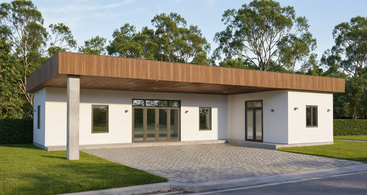 Photo brute,head of'artwork, High quality, best quality, authentique, great detail,
Outside, En plein air, style de maison moderne dans la rue, glass windows, grille, wooden ceiling,
road,pavement, trees, sky, nuvens, (day light:1.1)