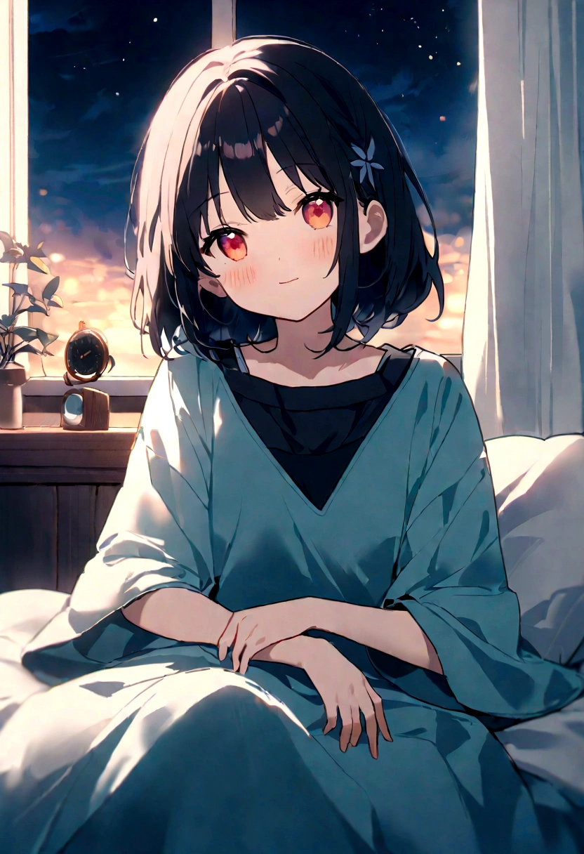 title: Night sky healing theme: LOFI music and nighttime relaxation explanation: このThe image is、To the gentle rhythm of lofi music、Contains soothing elements that will help you fall into a good night's sleep。The stage is set on a slightly dark night.、star々Under the shining sky、A cute girl is listening to music with a relaxed expression。Around her、Filled with fantastic light and color、It invites the viewer into a dreamlike world.。The image is、Perfect for sleep and work videos.、The aim is to provide a sense of calm and relaxation to the viewer.。