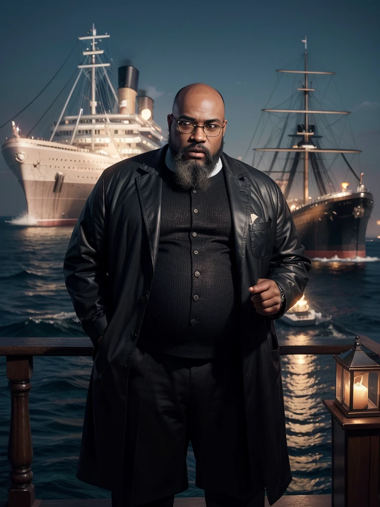 hyper realistic image a black man, dark, fat, bald, wears a black beard, big head, wears black-rimmed square prescription glasses (like Jack Dawson from the movie Titanic), standing, with the ship Titanic passing behind him, seen from the front , full body, in the year 1912, photograph with an antique look