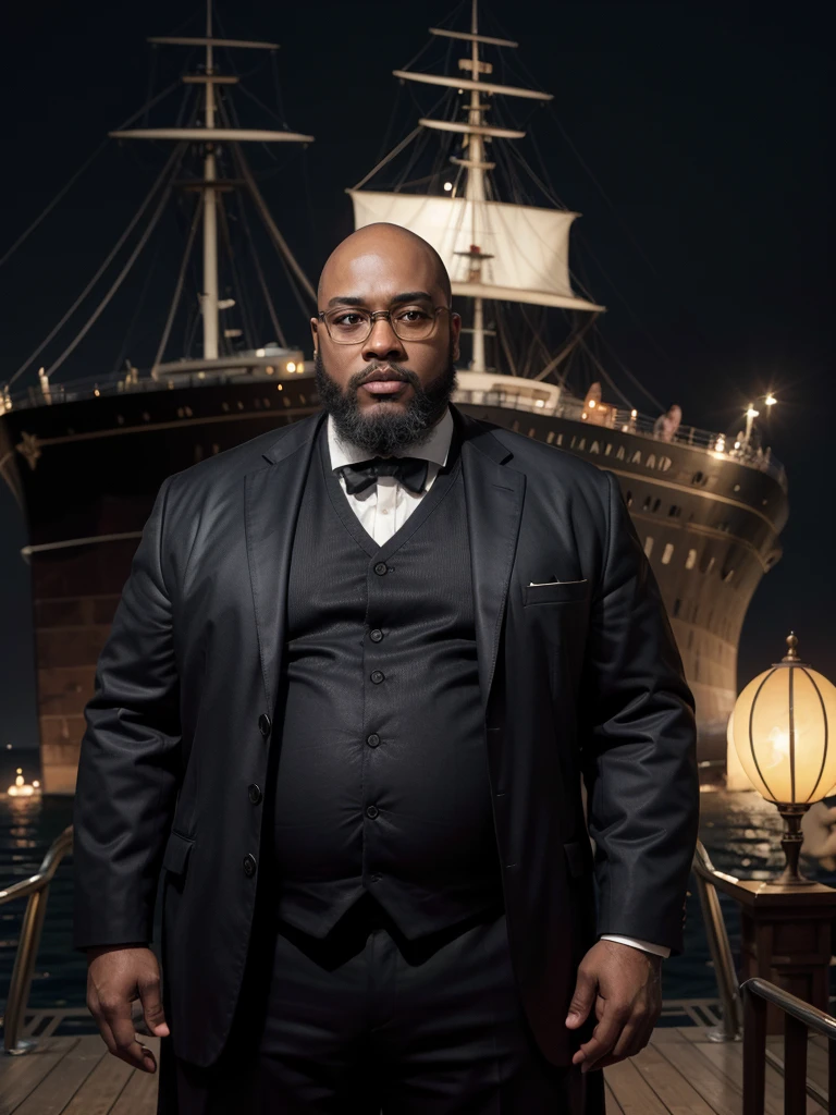 hyper realistic image a black man, dark, fat, bald, wears a black beard, big head, wears black-rimmed square prescription glasses (like Jack Dawson from the movie Titanic), standing, with the ship Titanic passing behind him, seen from the front , full body, in the year 1912, photograph with an antique look