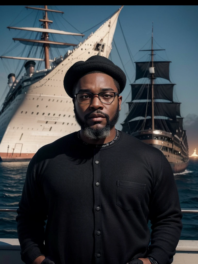 hyper realistic image a black man, dark, fat, bald, wears a black beard, big head, wears black-rimmed square prescription glasses (like Jack Dawson from the movie Titanic), standing, with the ship Titanic passing behind him, seen from the front , full body, in the year 1912, photograph with an antique look