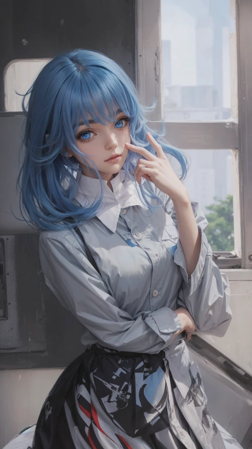 Pretty, hair blue, blue eyes, uniform