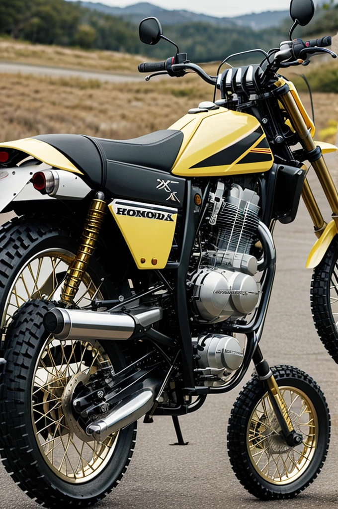 A black Honda XR 250 motorcycle with decals that say the model in gold, transparent windshield,White sliders and aluminum trunk and gold wheels