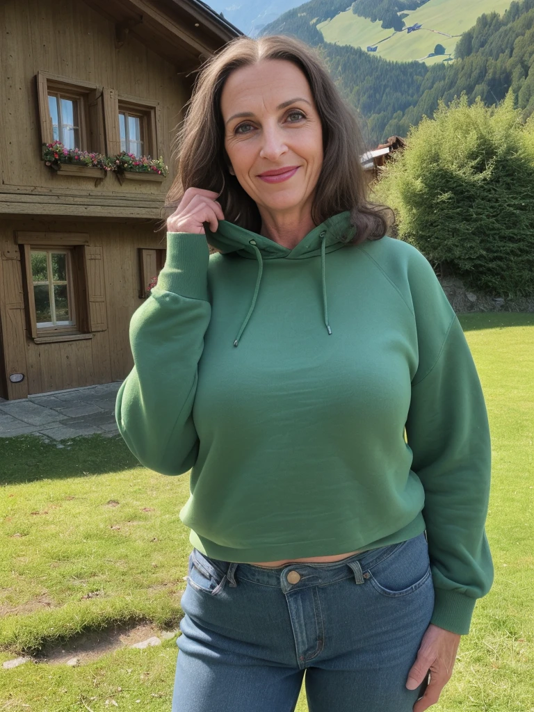 1 girl, solo, Liechtensteiner woman, Old woman, her name is Lissa, (((50 years old woman))), (mother), (((wrinkles))), ((brunette)), ((fair skin)), ((rectangular face)), ((Liechtensteiner nose)), ((big plump lips)), ((high cheeks)), ((medium hair)), ((wearing green Sweatshirt and jeans)), ((background: outdoor in Switzerland)), ((wide shot)), smiling