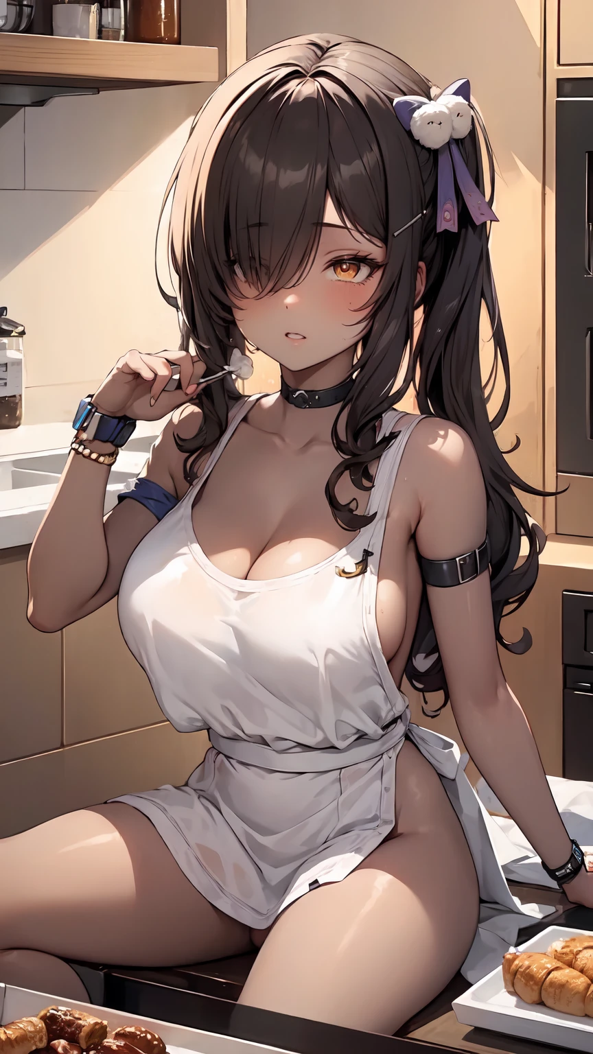 1girl, solo, hair ornament, (naked:1.3), (white apron), large breasts, cleavage, thighs, kitchen background, (blushing:1.3), naga, brown hair, ponytail, golden eyes, dark skin, gal, naga, lewd, she is wet and in sourcream, cream over the face,