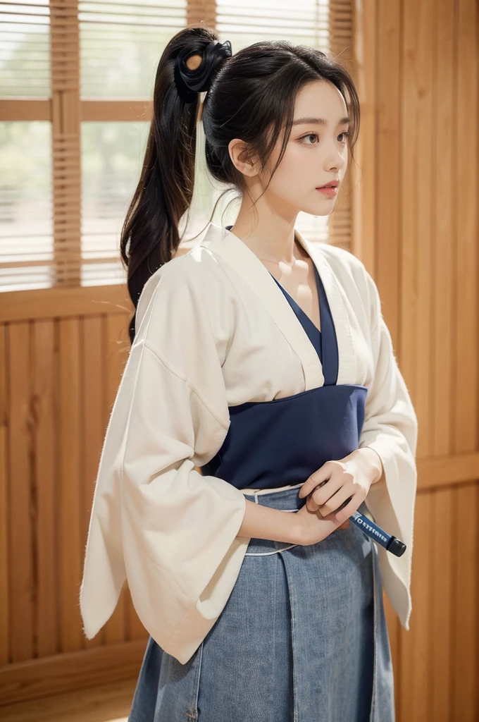 (((best quality))),(((ultra detailed))),(((masterpiece))),illustration,1girl,solo,tonogui,short ponytail,slim,thin,small breasts,flat chest,white collar,white kendogi,three-quarter sleeves,maxi navy-blue kendo hakama,standing in kendo gym,(holding a bokuto in hand:1.3),arms behind back,focused and determined expression,ready for challenge,slender and elegant face,confident and resilient,fair skin,blush,neat teeth,bright smile,clean and tidy uniform,wooden gym floor,wall,pine scent,standard grip,ready to slice through obstacles,strong belief,determination,spirit of resilience,admiring,from front,upper body,