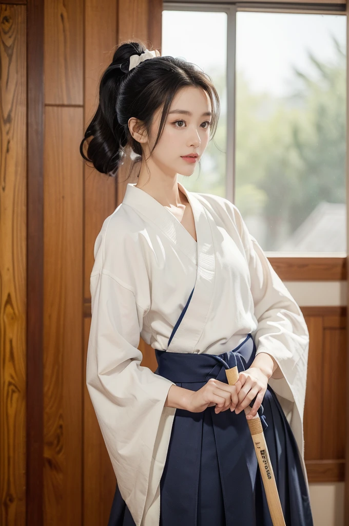 (((best quality))),(((ultra detailed))),(((masterpiece))),illustration,1girl,solo,tonogui,short ponytail,slim,thin,small breasts,flat chest,white collar,white kendogi,three-quarter sleeves,maxi navy-blue kendo hakama,standing in kendo gym,(holding a bokuto in hand:1.3),arms behind back,focused and determined expression,ready for challenge,slender and elegant face,confident and resilient,fair skin,blush,neat teeth,bright smile,clean and tidy uniform,wooden gym floor,wall,pine scent,standard grip,ready to slice through obstacles,strong belief,determination,spirit of resilience,admiring,from front,upper body,