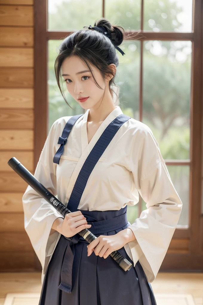 (((best quality))),(((ultra detailed))),(((masterpiece))),illustration,1girl,solo,tonogui,short ponytail,slim,thin,small ,flat chest,white collar,white kendogi,three-quarter sleeves,maxi navy-blue kendo hakama,standing in kendo gym,(holding a bokuto in hand:1.3),arms behind back,focused and determined expression,ready for challenge,slender and elegant face,confident and resilient,fair skin,blush,neat teeth,bright smile,clean and tidy uniform,wooden gym floor,wall,pine scent,standard grip,ready to slice through obstacles,strong belief,determination,spirit of resilience,admiring,from front,upper body,