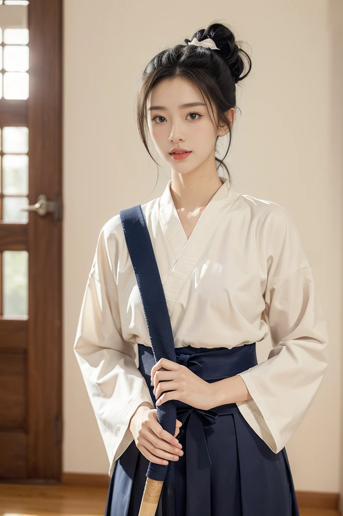 (((best quality))),(((ultra detailed))),(((masterpiece))),illustration,1girl,solo,tonogui,short ponytail,slim,thin,small breasts,flat chest,white collar,white kendogi,three-quarter sleeves,maxi navy-blue kendo hakama,standing in kendo gym,(holding a bokuto in hand:1.3),arms behind back,focused and determined expression,ready for challenge,slender and elegant face,confident and resilient,fair skin,blush,neat teeth,bright smile,clean and tidy uniform,wooden gym floor,wall,pine scent,standard grip,ready to slice through obstacles,strong belief,determination,spirit of resilience,admiring,from front,upper body,