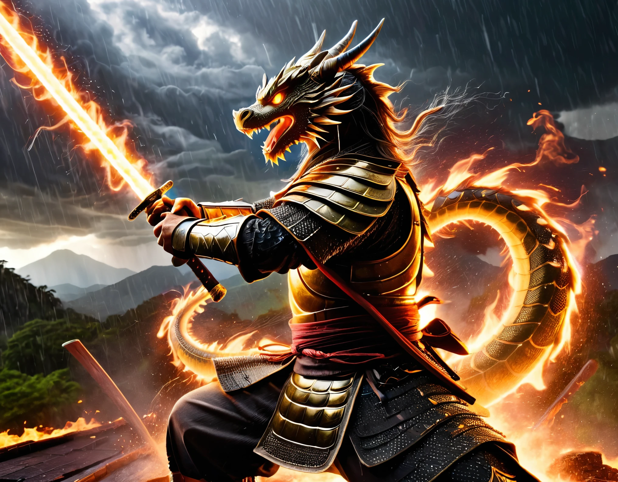 A dramatic and intense scene of a fierce battle between a samurai and a dragon. The samurai, clad in detailed traditional armor, wields a gleaming katana, ready to strike. The dragon, with its scales and menacing features, roars and breathes fire, creating a sense of chaos. The background is stormy, with dark clouds, lightning, and rain adding to the epic atmosphere. The entire scene is filled with dynamic action and high tension, capturing a moment of legendary combat.
