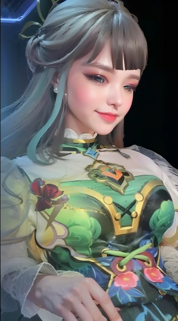 (8k, RAW photo, best quality, mastery:1.3),(realistic,photo-realistic:1.37),(night),(looking viewer:1.331),(white hair),posing,Tokyo street,nightcityscape,cyberpunk city,soft light, 1girl, extremely beautiful face, perfect body proportions, focal length, bust, casual hairstyle, smile, big eyes, (short sleeves JK_shirt), JK_style, (navy JK_skirt), (bow JK_tie), mix4, detailed eyes