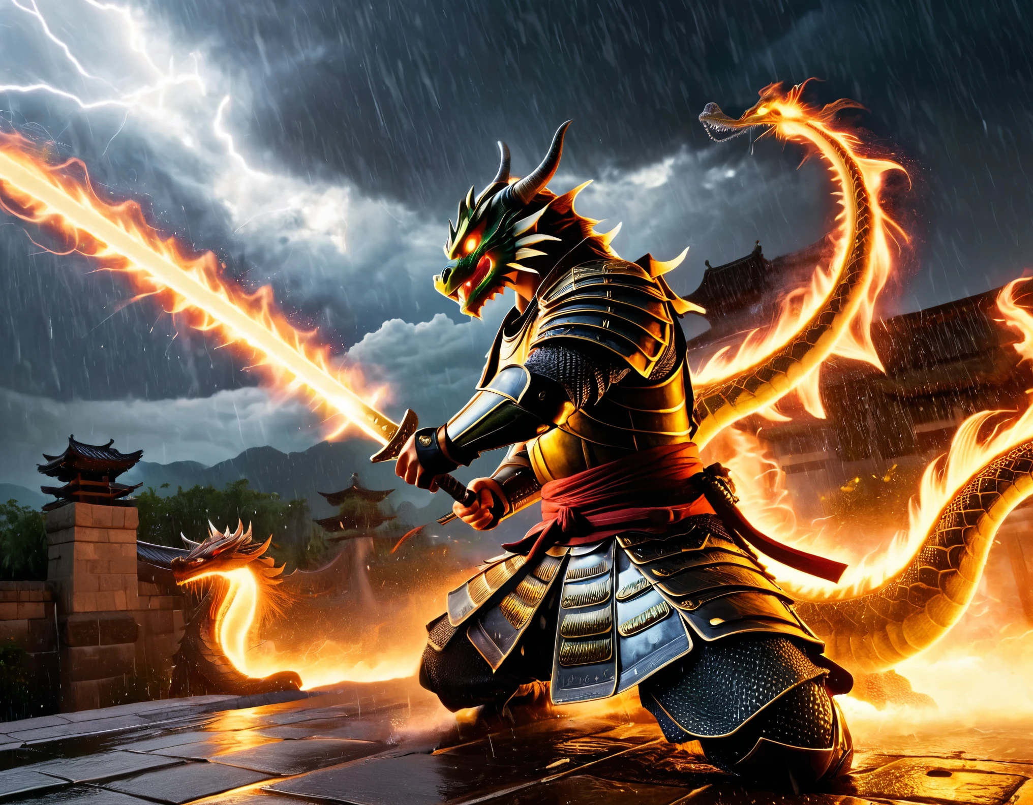 A dramatic and intense scene of a fierce battle between a samurai and a dragon. The samurai, clad in detailed traditional armor, wields a gleaming katana, ready to strike. The dragon, with its scales and menacing features, roars and breathes fire, creating a sense of chaos. The background is stormy, with dark clouds, lightning, and rain adding to the epic atmosphere. The entire scene is filled with dynamic action and high tension, capturing a moment of legendary combat.
