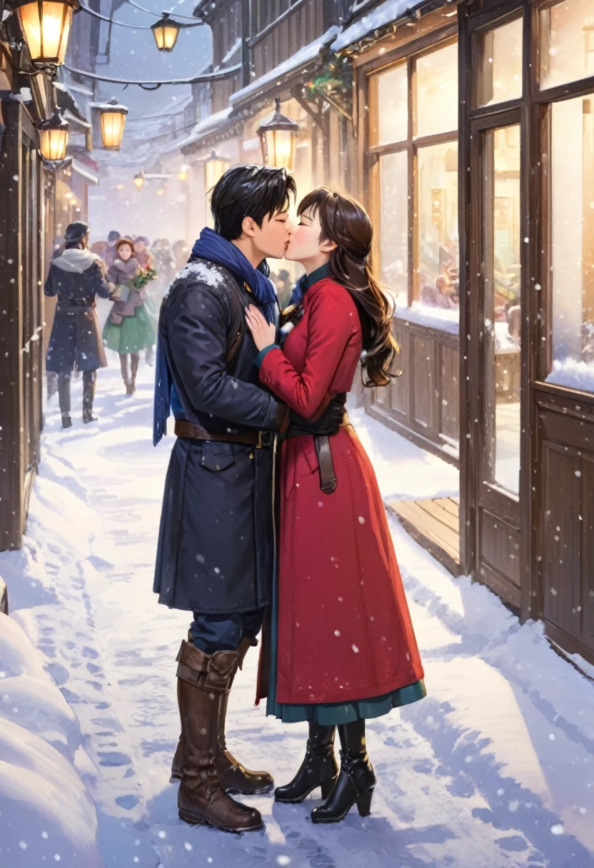 Commercial Street,The hero and heroine kiss in the snow,Passersby cheered and applauded