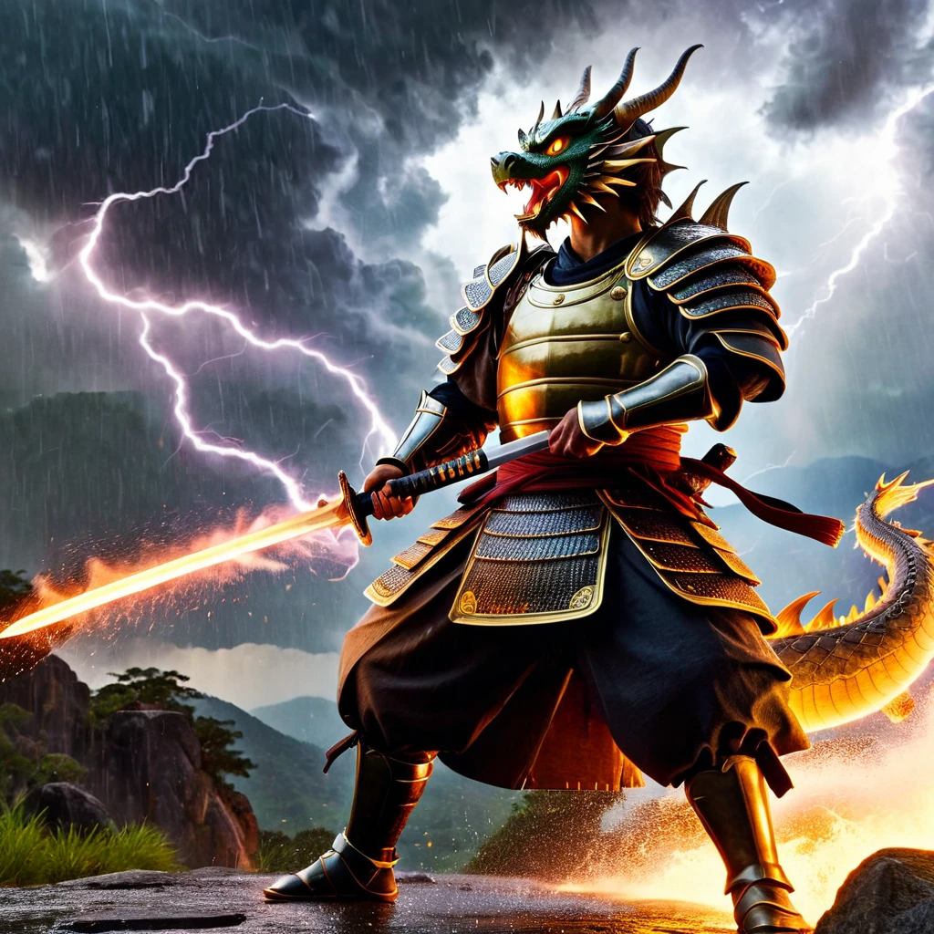 A dramatic and intense scene of a fierce battle between a samurai and a dragon. The samurai, clad in detailed traditional armor, wields a gleaming katana, ready to strike. The dragon, with its scales and menacing features, roars and breathes fire, creating a sense of chaos. The background is stormy, with dark clouds, lightning, and rain adding to the epic atmosphere. The entire scene is filled with dynamic action and high tension, capturing a moment of legendary combat.
