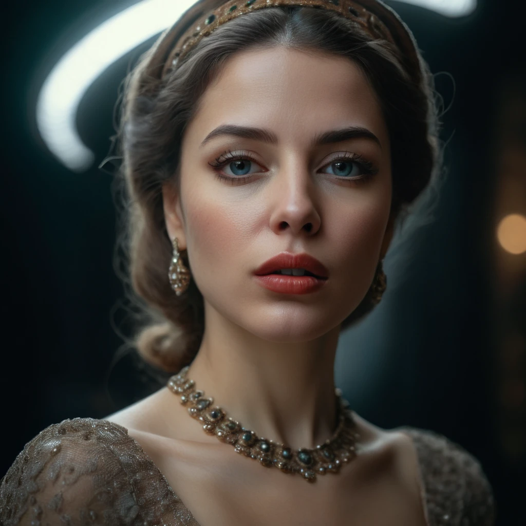 a highly detailed portrait of a young woman, beautiful detailed eyes, beautiful detailed lips, extremely detailed face, long eyelashes, elegant dress, intricate jewelry, mysterious UFO in the background, cinematic lighting, dark and moody atmosphere, vivid colors, realistic, photorealistic, best quality, 8k, masterpiece